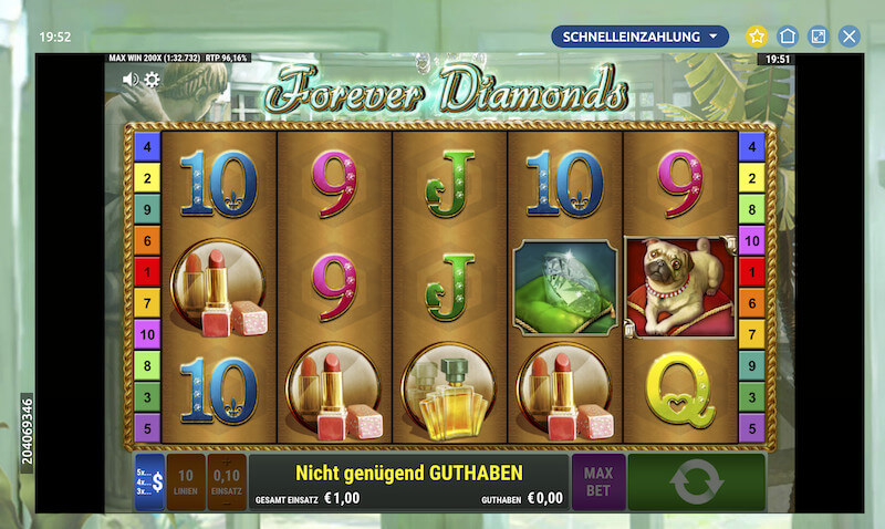 Forever Diamonds Slot Spieloberfläche mit Lippenstiften, Parfüm, Diamanten, Hunden und Symbolen